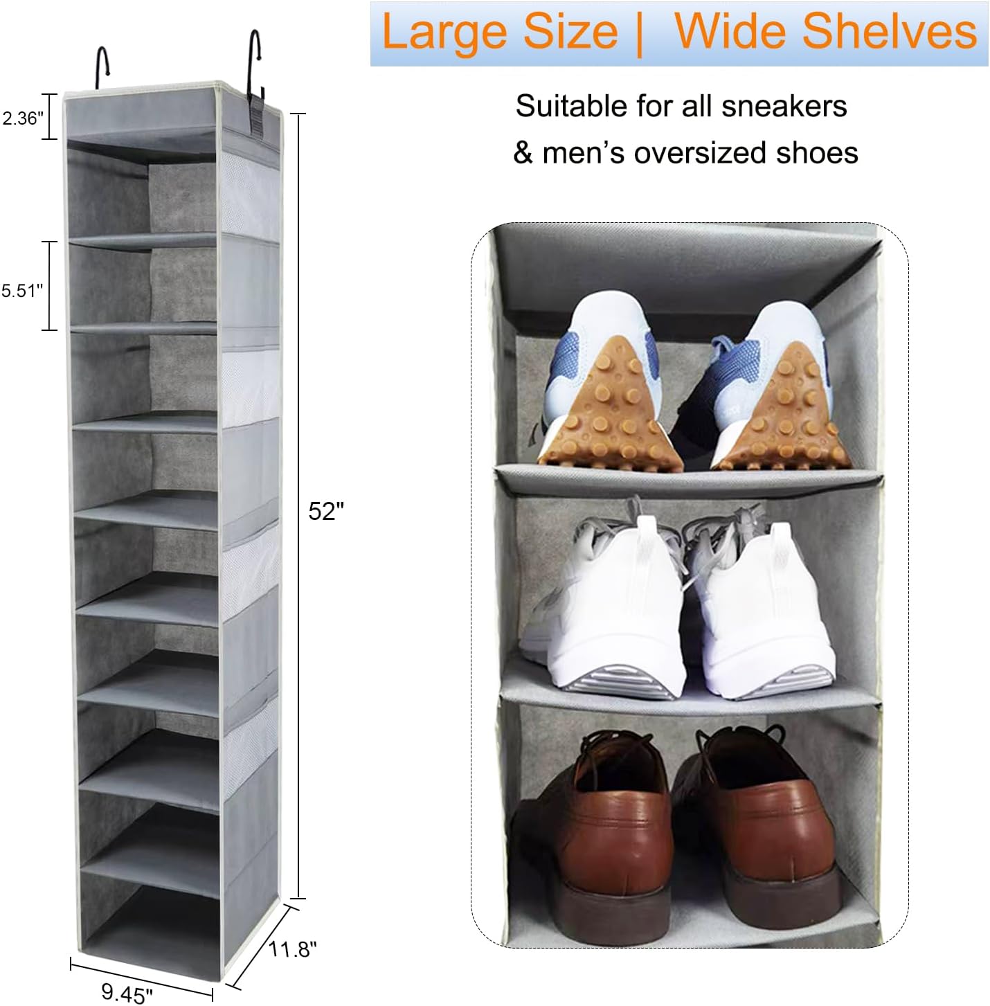 Large-Sized Hanging Shoe Organizer 10-Shelf, Sturdy Hanging Closet Organizer with 8 Side Pockets, Wider Hanging Shelves for Storage Shoes Clothes Jeans Shirts Toys, Black