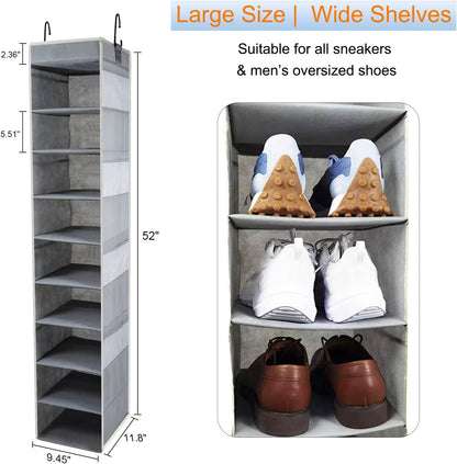 Large-Sized Hanging Shoe Organizer 10-Shelf, Sturdy Hanging Closet Organizer with 8 Side Pockets, Wider Hanging Shelves for Storage Shoes Clothes Jeans Shirts Toys, Black