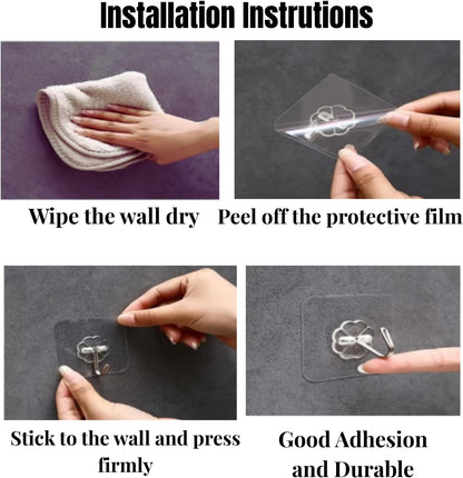 Heavy Duty Adhesive Wall Hooks Large 24 Pack, Transparent, Waterproof, Damage-Free, Sticky Hook for Hanging Upto 50lbs, No Tools Required, no Drill, for Kitchen, Shower, Tile etc.