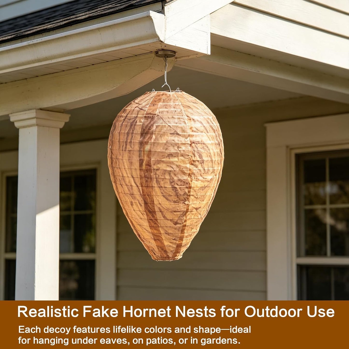 Fake Wasp Nest 4 Pack, Upgraded Waterproof Wasp Nest Decoy Outdoor Hanging, Realistic Artificial Hornet Nests with Stainless Steel Frame for Patio, Porch, Garden, Backyard, Under Eaves