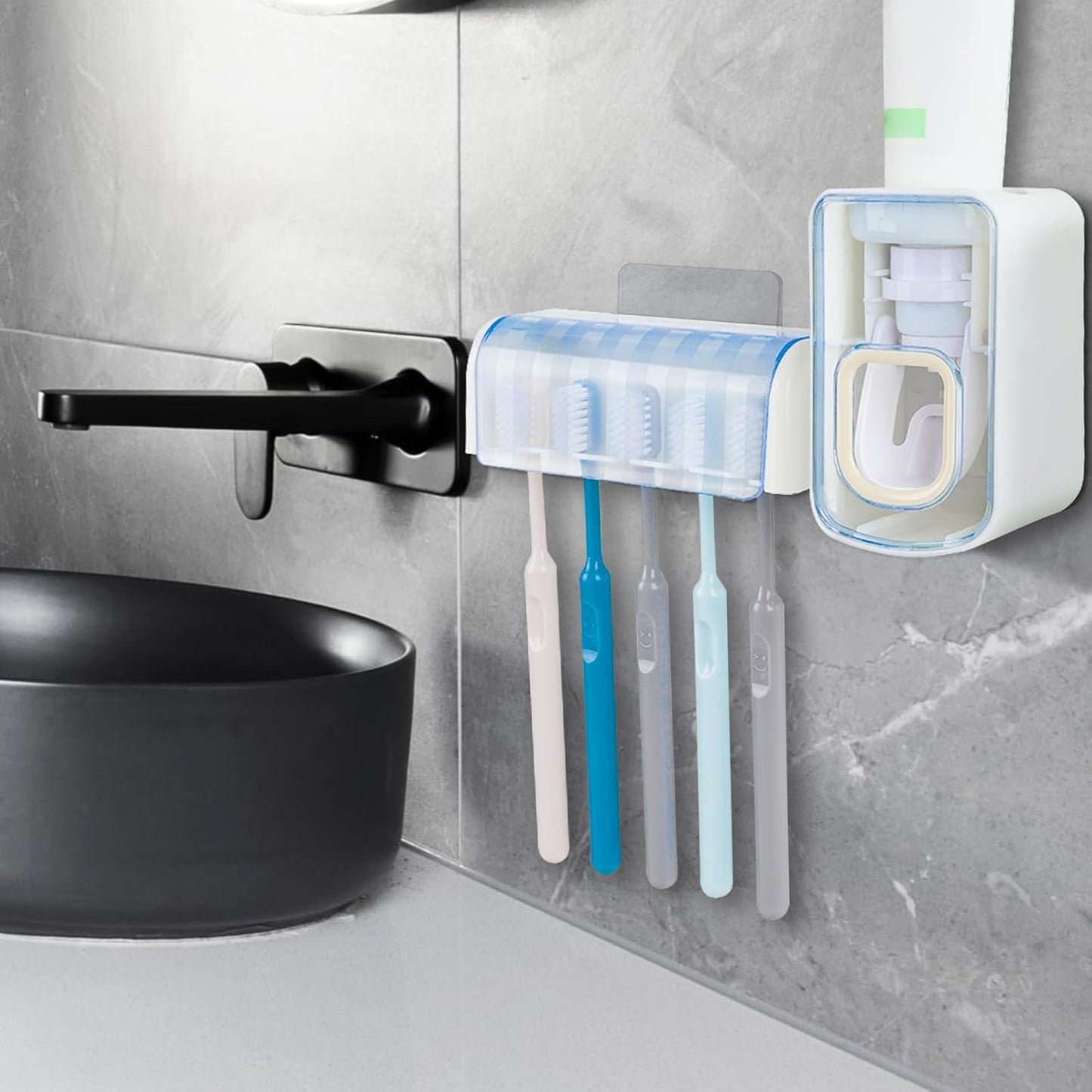 5 Slots Wall Mount Toothbrush Holder with Cover, Self Adhesive Toothbrush Storage Organizer for Shower, Toothbrush Hanger with Automatic Toothpaste Squeezer Dispenser