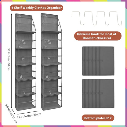 2 Pack Weekly Clothes Organizer for Kids, 6 Shelf Hanging Closet Organizer with Clear Window, Foldable Days of the Week Over the Door Outfit Organizer with Labels for Closet School