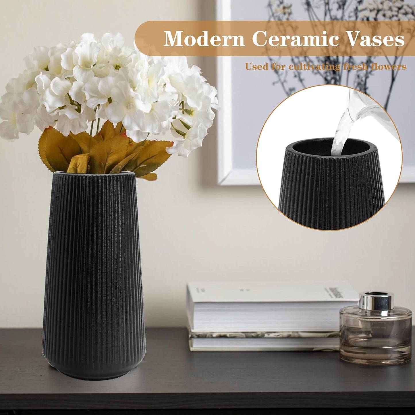 White Ceramic Vase, GUKJOB Small Cute Flower Vase for Pampas Grass, Home, Living Room, Dining Table, Farmhouse, Office Decor, Bedroom, Table, and Kitchen Shelf (White- 2PCS)