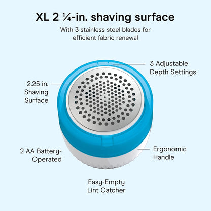 Conair Fabric Shaver Lint Remover | Extra-Large 2.25-in. Shaving Surface, Depills Fabric, for All Fabrics, Blue/White, CLS8L