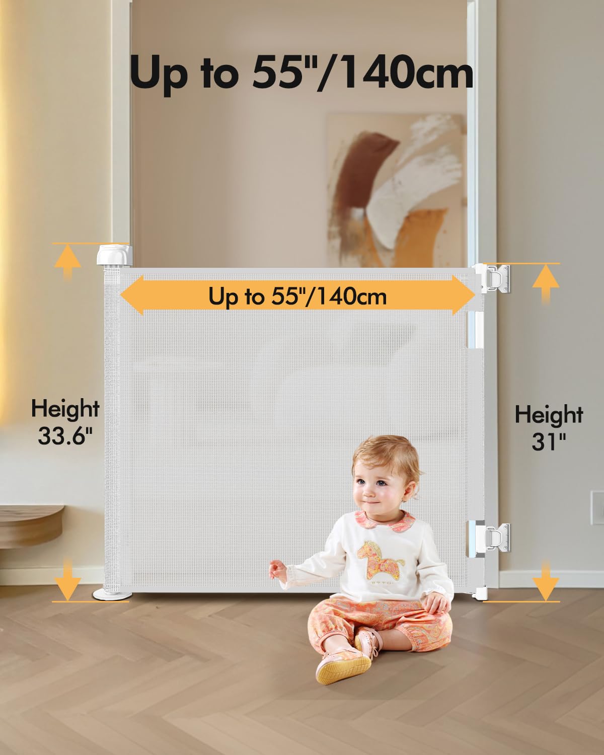 Retractable Baby Gate for Stairs & Doorways, 55" Wide x 33.6" Tall Easy Installation Mesh Dog Gate for Indoor & Outdoor Use,Pet and Dog Safety Gate for Hallways(Grey)