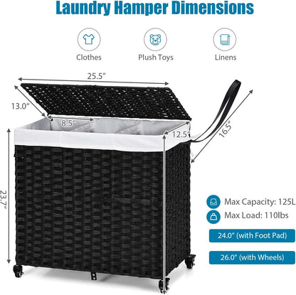 GOFLAME Laundry Hamper with Lid and Wheels, 125L Hand Woven Rattan Laundry Basket with 3 Divided Sections, Handles, 2 Removable and Washable Liner Bags, Dirty Clothes Hamper for Bedroom (Natural)