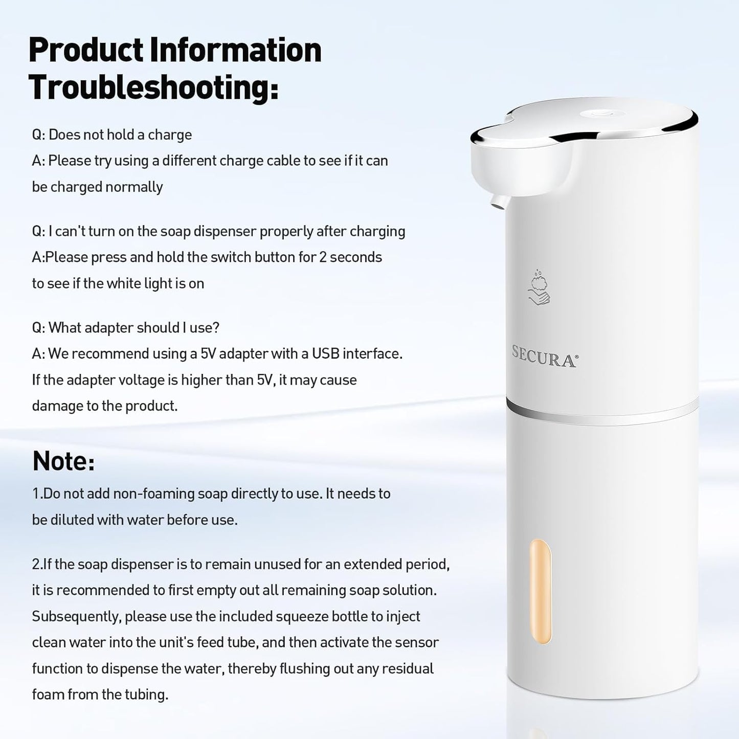 Secura Foaming Soap Dispenser, 10oz/300ml Touchless Automatic Soap Dispenser with Adjustable Volume Control, Rechargeable Hands Free Soap Dispenser for Kitchen, Bathroom (White)