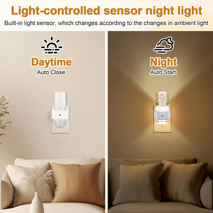 Night Lights Plug into Wall, 2 Pack Acrylic Stair Light, 7 Colors Dimmable Nightlight with 0-100 LM Adjustable Brightness, 3000K Plug in Wall Lamp with Dusk to Dawn Sensor, for Bedroom, Hallway