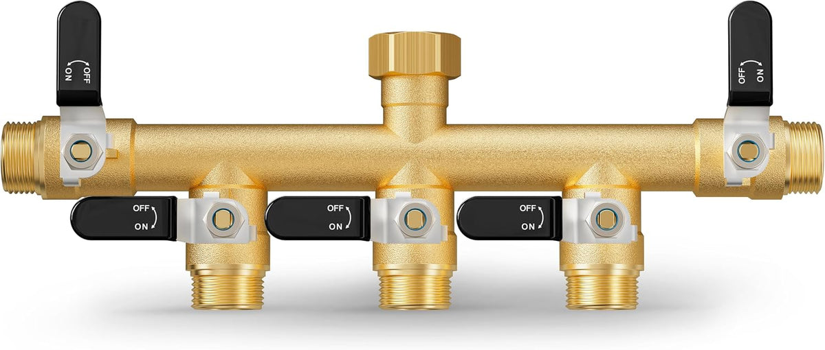 Hose Splitter 2 Way, Heavy Duty Brass Garden Hose Splitter, Water Hose Bib Spigot Splitter with 0.59" Full Flow Ball Valve Outlet & Shut-Off Valve 3/4'' Connector Outdoor Water Faucet Adapter