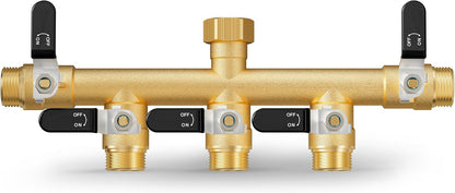 Hose Splitter 2 Way, Heavy Duty Brass Garden Hose Splitter, Water Hose Bib Spigot Splitter with 0.59" Full Flow Ball Valve Outlet & Shut-Off Valve 3/4'' Connector Outdoor Water Faucet Adapter