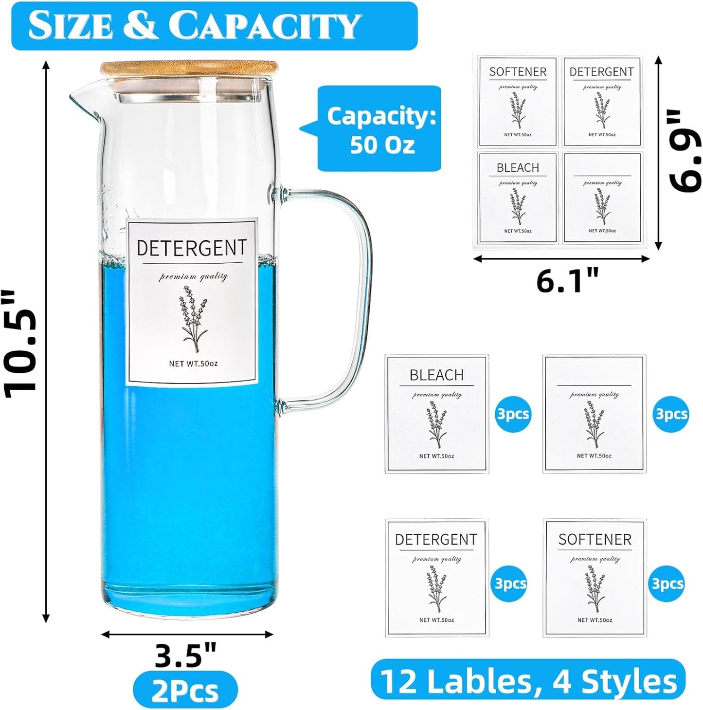 Noamus 2 Pack Laundry Detergent Dispenser Set, 50oz Fabric Softener Storage Bottle with Bamboo Lid Handle&12 Labels, Glass Liquid Detergent Container for Farmhouse Laundry Room Decor Organization