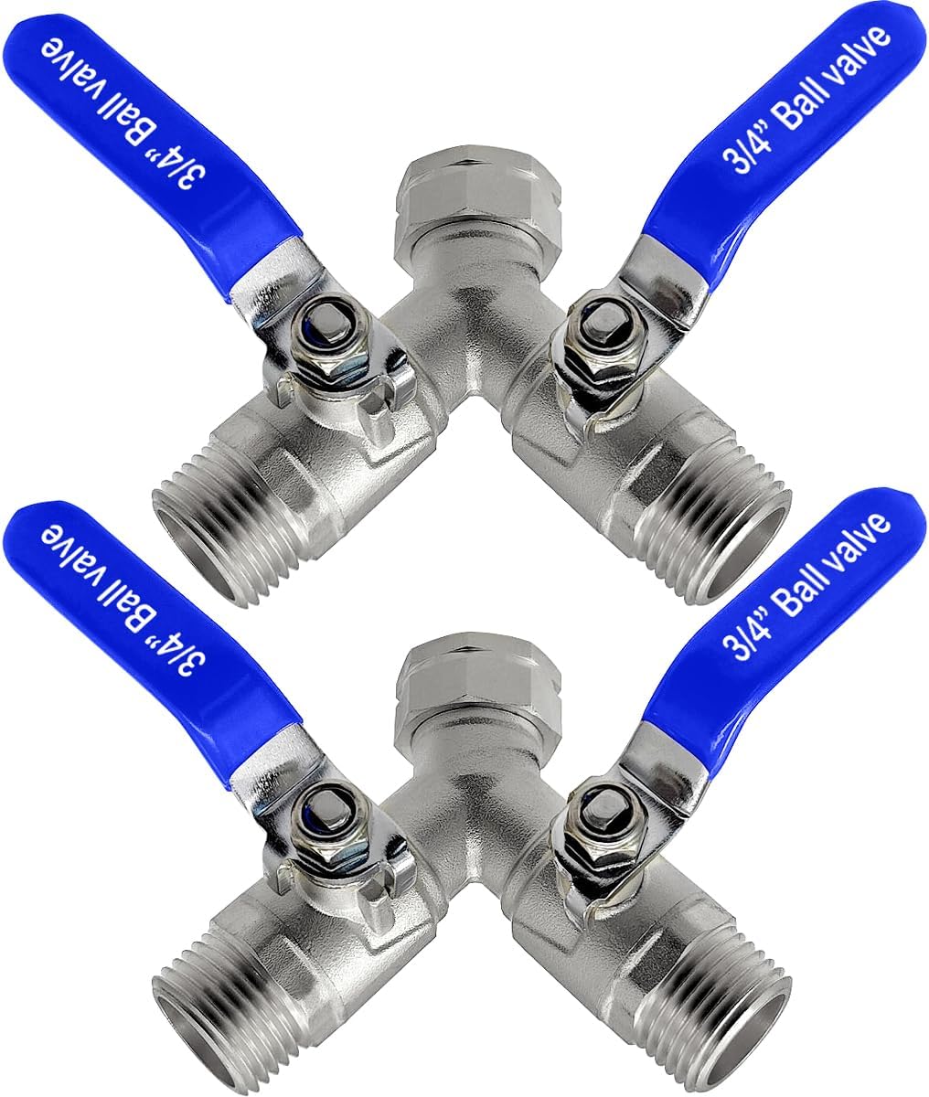 Beduan 304 Stainless Steel Hose Splitter 2 Way Y Garden Hose Bib Splitter with Long Handle Water Hose Ball Shut Off Valve 3/4 GHT Threaded
