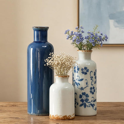 CUCUMI Ceramic Vase Set of 5, Home Decor Farmhouse Décor Handmade Pottery Vases for Pampas Grass, Dried Fresh Flowers, Table, Living Room, Kitchen, Shelf, Entryway Mantel Neutral Tones