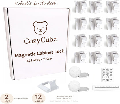 CozyCubz Magnetic Cabinet Locks - 12 Locks & 2 Keys Baby Proofing Kit, Child Safety Locks for Cabinet & Drawers, Invisible No Drill Adhesive Locks for Toddlers, Kitchen & Bathroom Safety