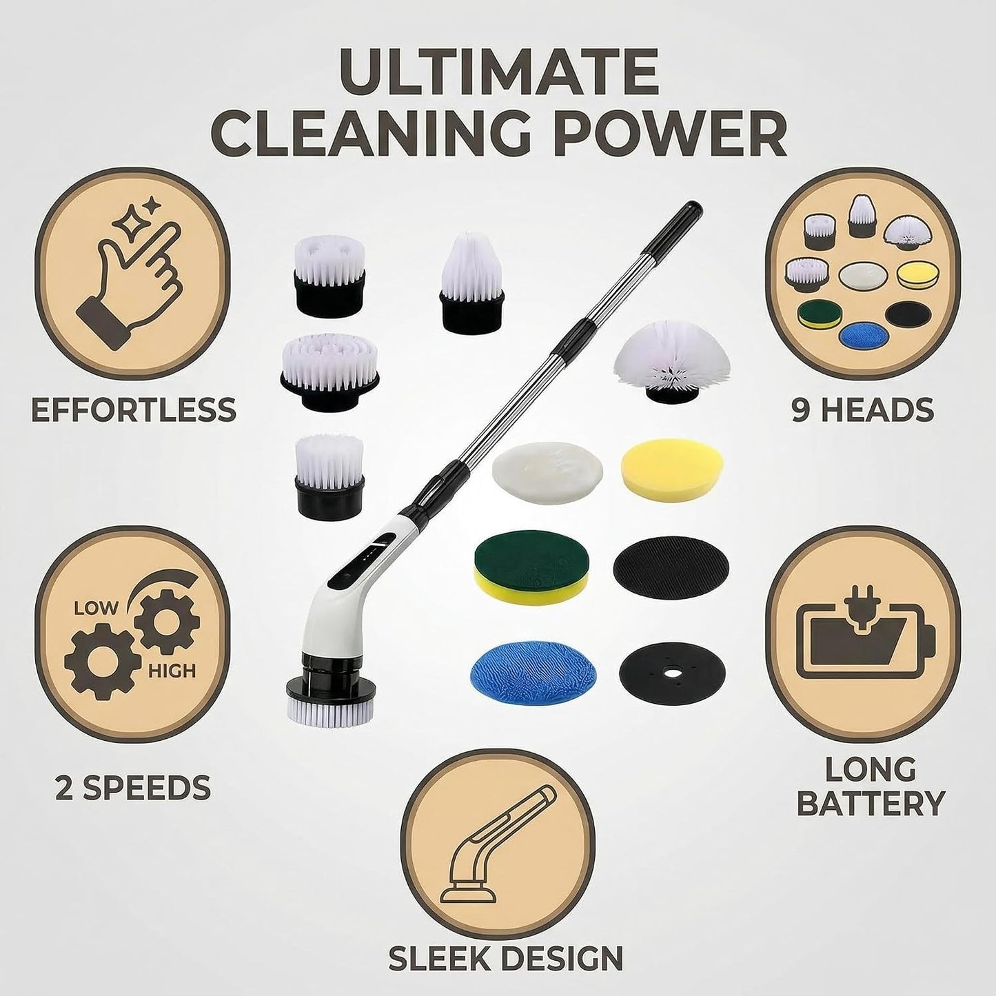 Versatile Ditch The Scrubbing! Long Handle Shower Scrubber Comes with 9 Replaceable Heads & Efficient 2 Speed Cordless Brush for Maximum Effect Long Battery Life!