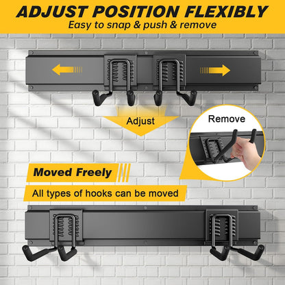 64 Inches Garage Storage, UUP Garage Organization Wall Mount Garden Tool Organizer, 620lbs Adjustable Metal Hooks, Yard Shed Rail Rack, Lawn Tool Holder for Hanging Rake Broom Mop Snowboard, Home Gift