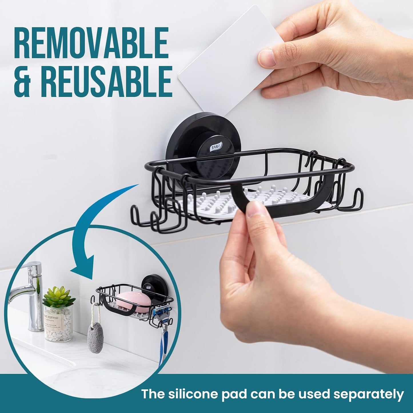 TAILI Soap Holder for Shower – Suction Cup Bar Soap Dish with Hooks, Rustproof Stainless Steel, Self-Draining Sponge Holder with Razor Holder for Bathroom & Kitchen, Black