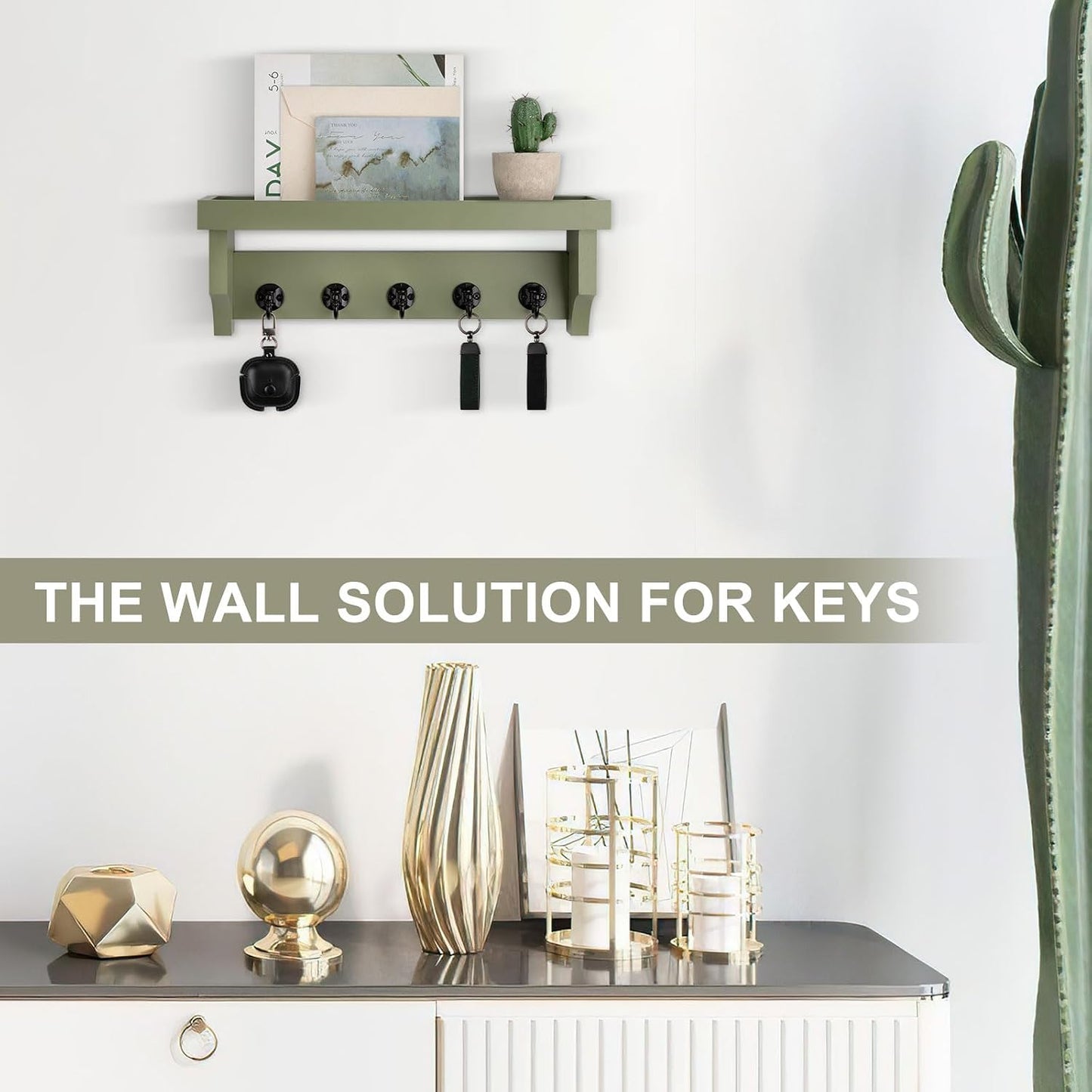 Key and Mail Holder Wall Mount, Key Holder with Shelf and Mail Organizer Wall Mount. Mail Holder with 5 Hooks for Coat, Dog Leash, Home Decor Rack, Entry Way Organizer (White)