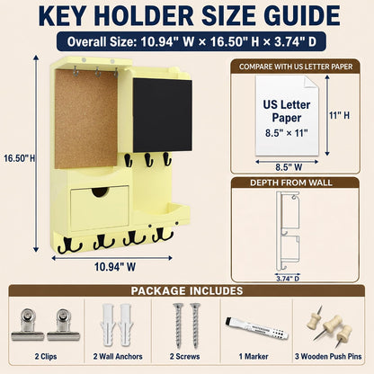 Key Holder for Wall Mount with Shelf and Mail Organizer, Key and Mail Holder with 16 Hooks, Farmhouse Entryway Organizer, Home Decor Rack (Pine Wood, Black)