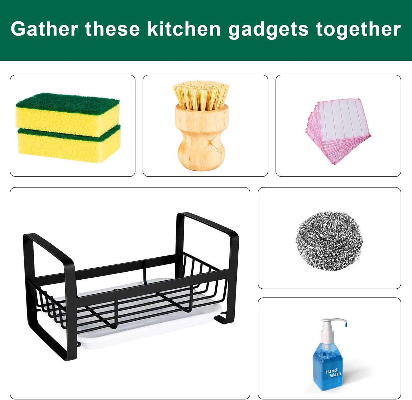 TEZZ Sponge Holder for Kitchen Sink- Stainless Steel Kitchen Sink Caddy for Organizing Sponge, Brush & Soap Dish Dispenser, coutertop Organizer Rack with Adhesive or Counter top, Black