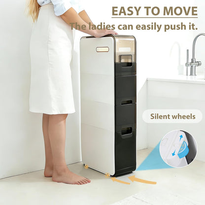 BGYMF 4-Tier Slim Bathroom Storage Cabinet,Slim Cabinet for Bathroom,Narrow Rolling Storage Cart with Wheels, White Plastic Organizer for Small Spaces, Kitchen, Laundry Room, Corner