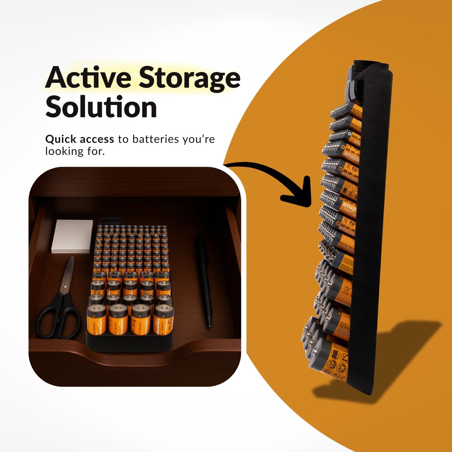 Bee Neat Hanging Battery Organizer with Tester - Battery Storage Box for Wall or Drawer - New & Improved Slanted Slot Design - Max. 117 Batteries AA, AAA, 9Volt, C, D & Button Batteries
