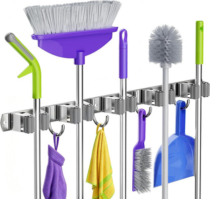 Broom Mop Holder Wall Mount, Heavy Duty Stainless Steel Mop Organizer with 5 Clamps and 4 Hooks, Wall Mounted Cleaning Tool Storage Rack for Home, Garage, Laundry Room and Garden