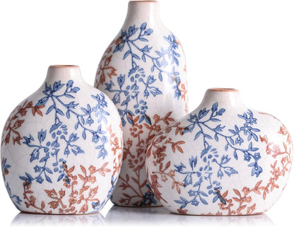 Small Ceramic Vase Set of 3,Bulk Mini Bud Vases for Flowers and Pampas Grass,Cute Boho Ellipse Home Decor for Coffee Table Centerpieces,Living Room,Office,Bookshelf,Entryway Decor (Green Floral)