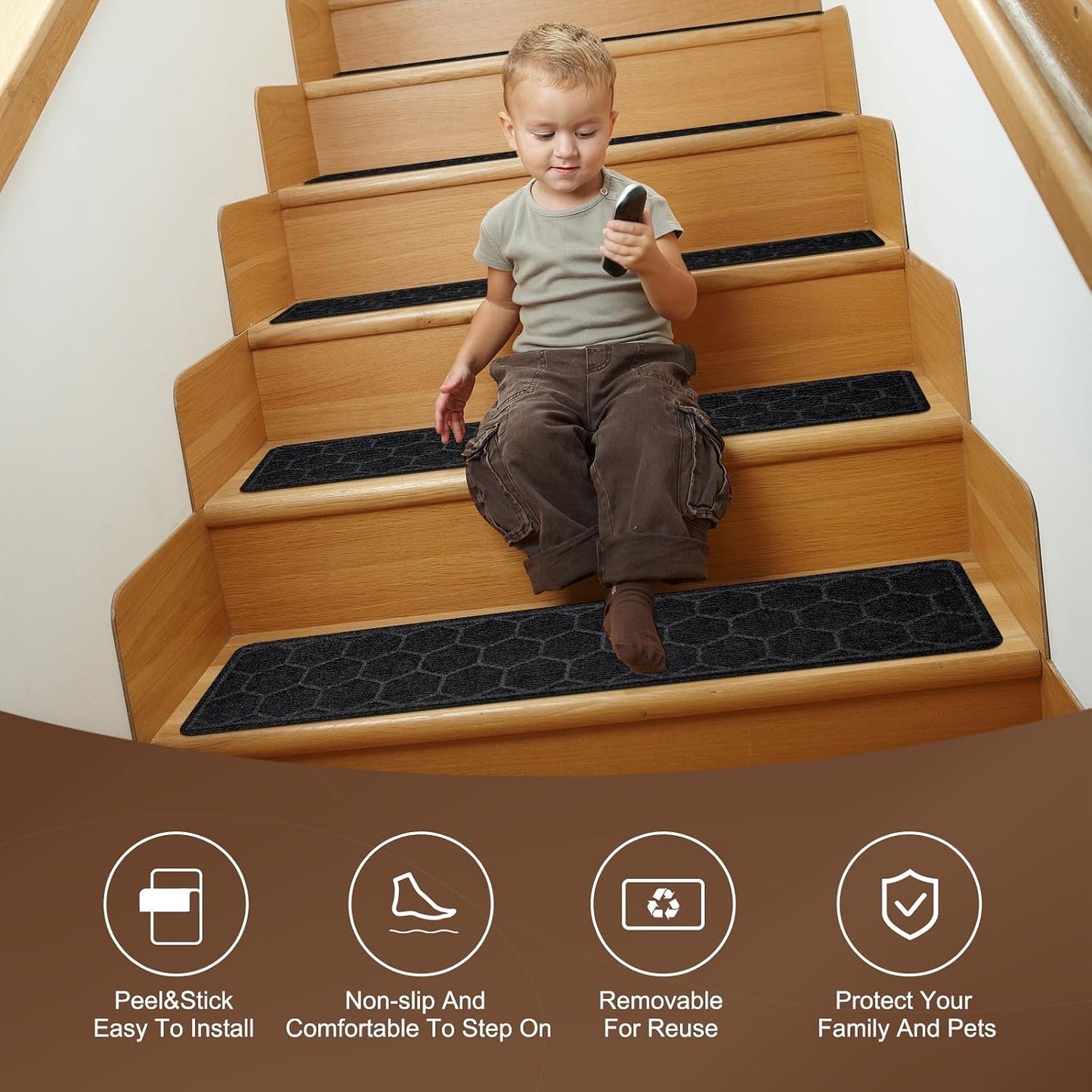 15 Pack 8 "X 30" Non-Slip Carpet Stair Treads for Indoor Wooden Steps, Made of Polyester and Reusable Adhesive, Suitable for Kids Elders and Pets（Black Lines）