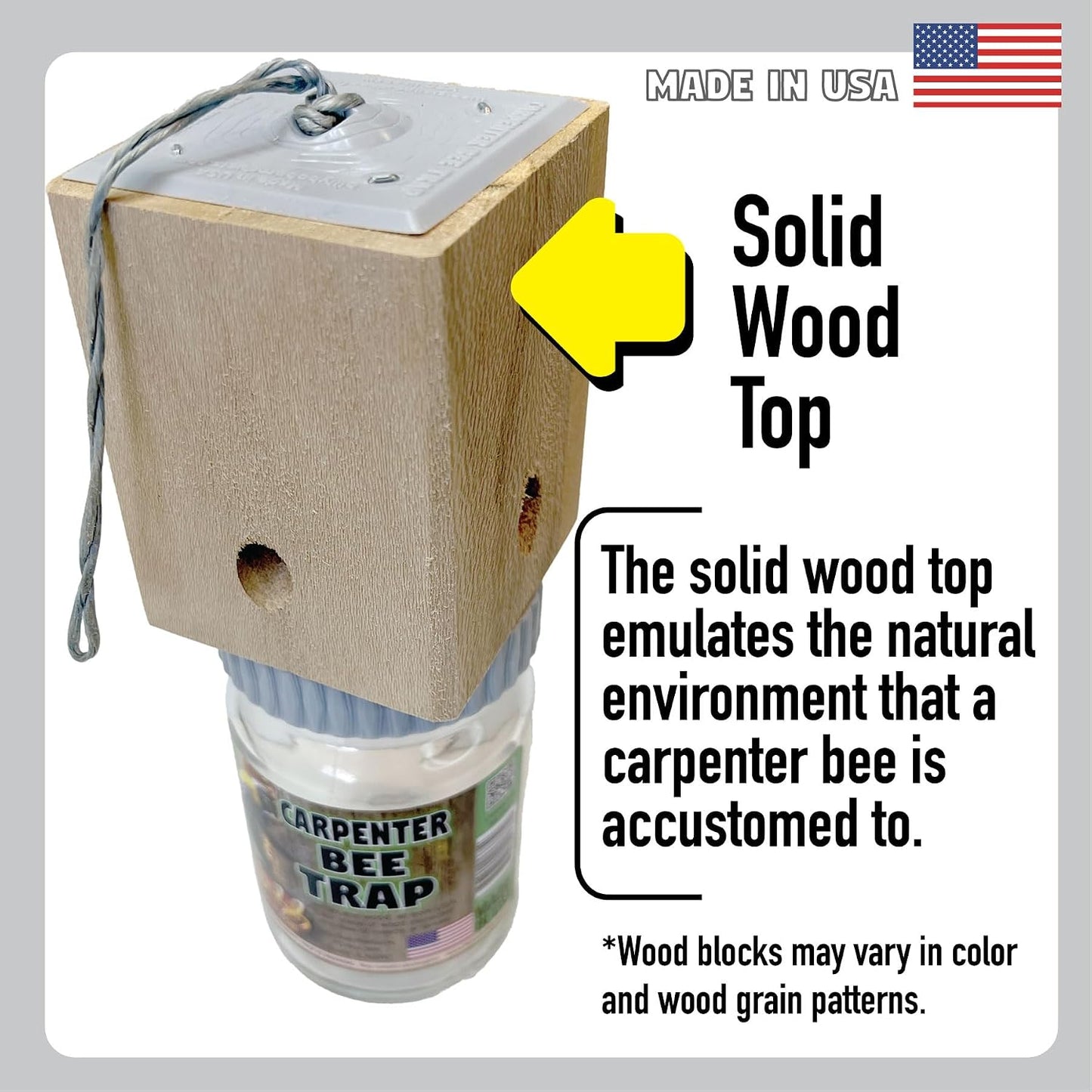 Billy Bob Carpenter Bee Trap - Made in the USA - Solid Wood Top - Outdoor Insect Trap for Carpenter Bees - Old Fashioned Mason Jar Design