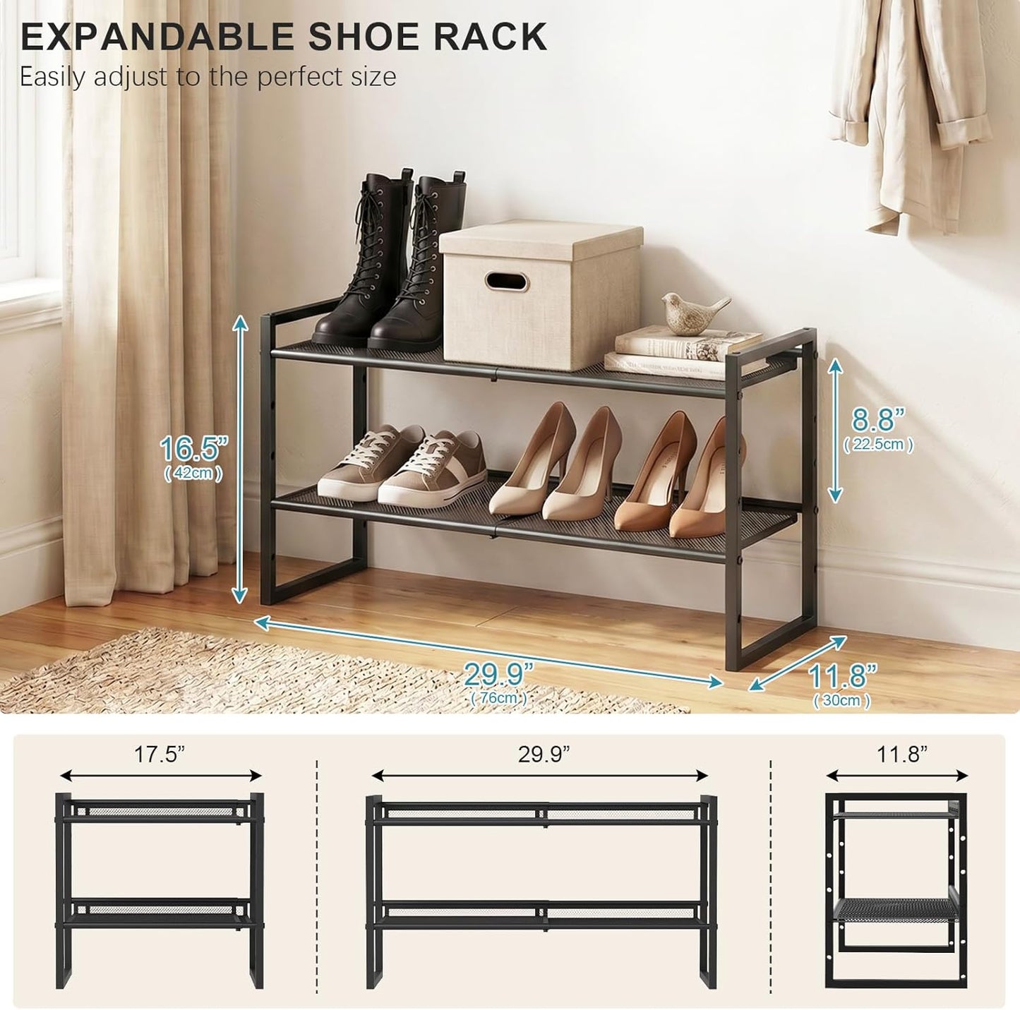 Garden 4 you Shoe Rack - Expandable Shoe Organizer for Closet, Metal Shoe Shelf Organizer, Stackable Adjustable Shoe Storage Shelf for Entryway, Garage, Door Entrance (2-Tier)