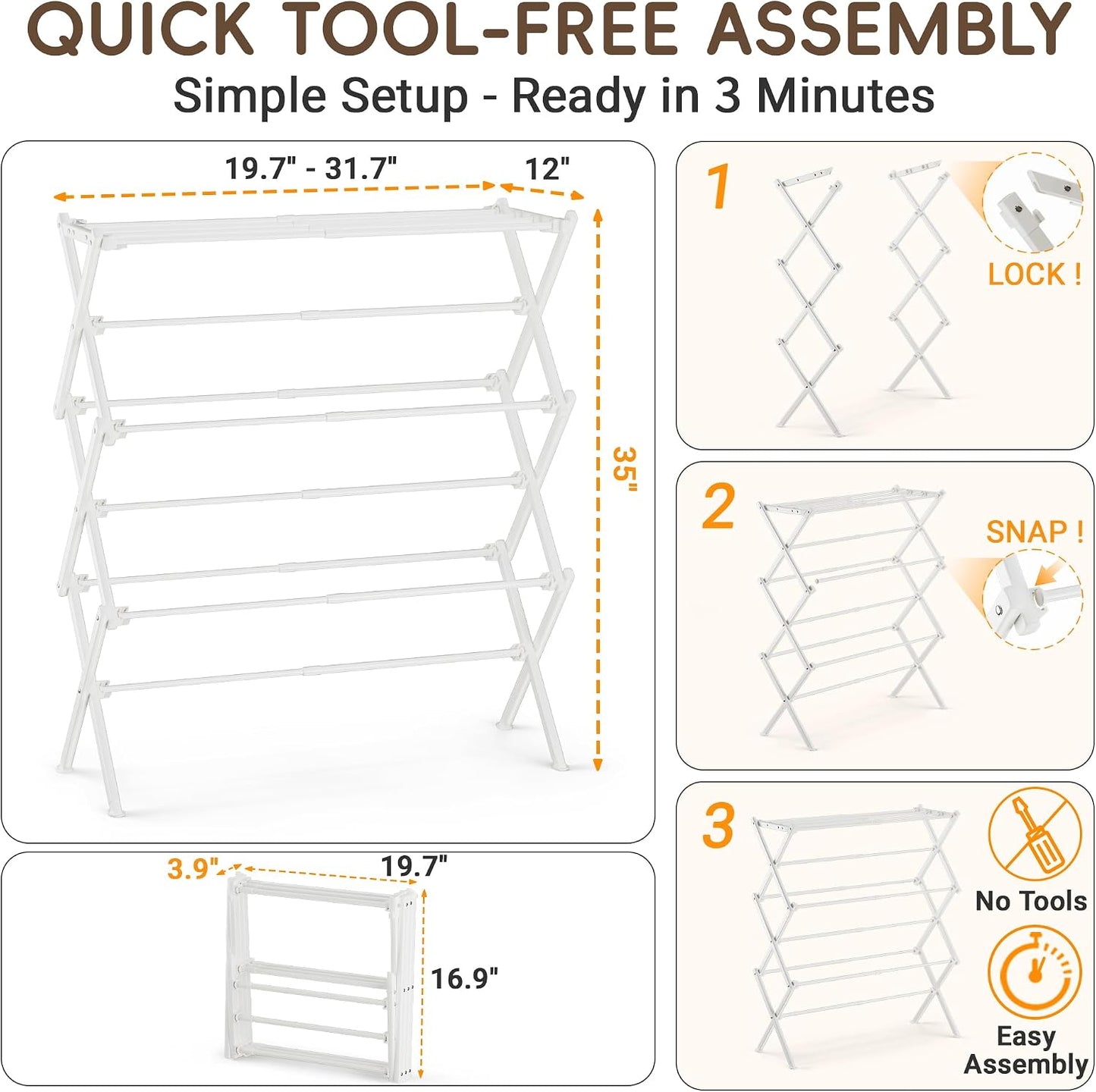 Collapsible Laundry Drying Rack for Small Apartment,35 lbs Carbon Steel with Reinforced Joints, Adjustable Space Saving Indoor Outdoor Rack, No Tools, 17.7"-29" W x 12" D x 35.5" H, White