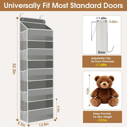 WISELIFE Over The Door Organizer Storage with 4 Large Pockets Door Hanging Organizer with Clear Windows behind The Door Storage for Nursery Bedroom Bathroom Pantry Closet and Baby Essentials Dark Grey
