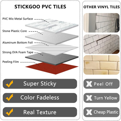 STICKGOO 20 Sheets Peel and Stick Backsplash Tile, Stick on Backsplash for Kitchen and Bathroom, White Sandstone Look PVC Mixed Metal Gold Self Adhesive Wall Tiles