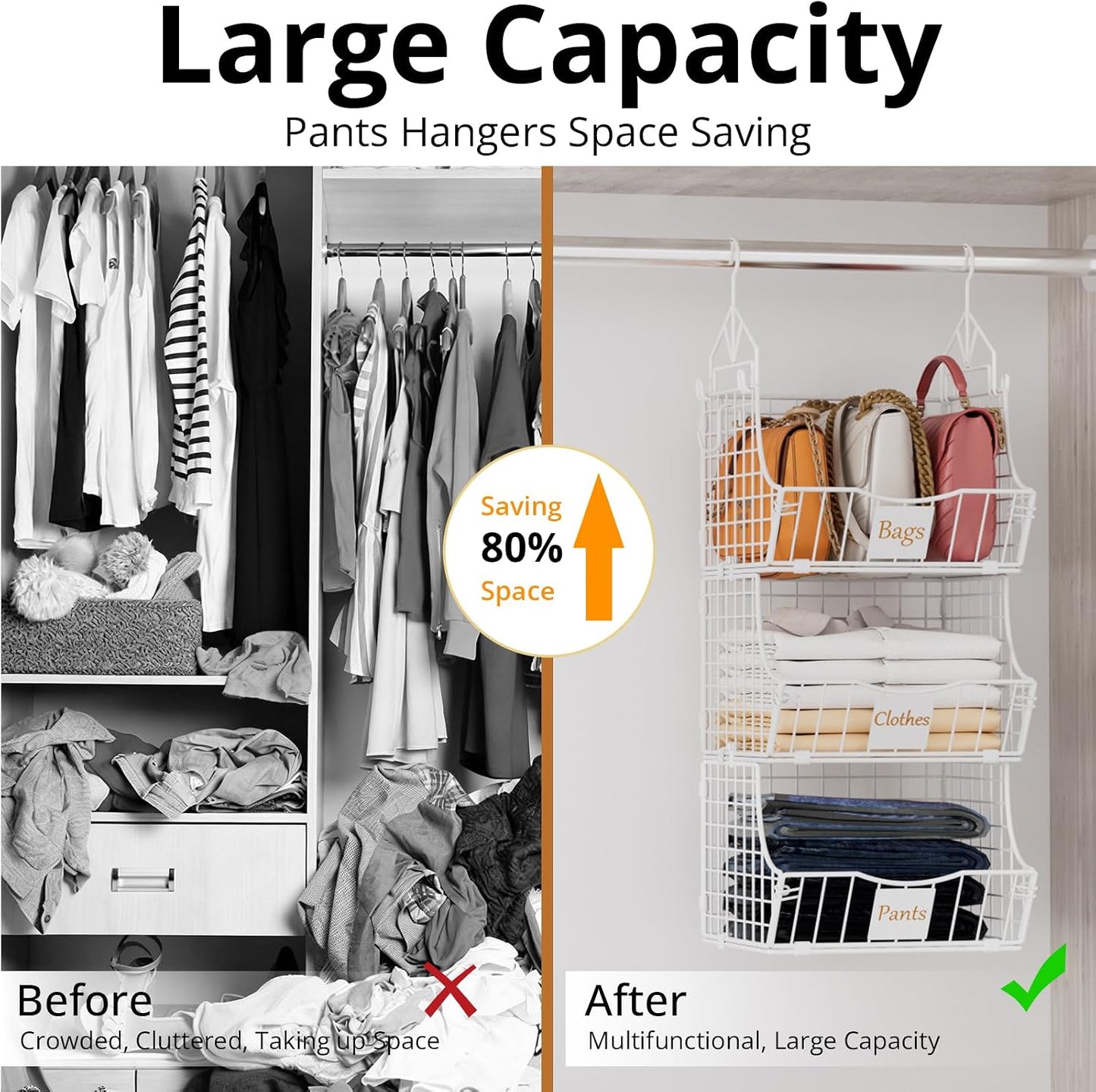 Hanging Closet Organizers and Storage, 3 Tier Closet Shelf Clothes Organizer with 2 S-Hooks, Multi-Functional Iron Wire Baskets, for Clothing, Sweaters, Handbags, Hat, Canned