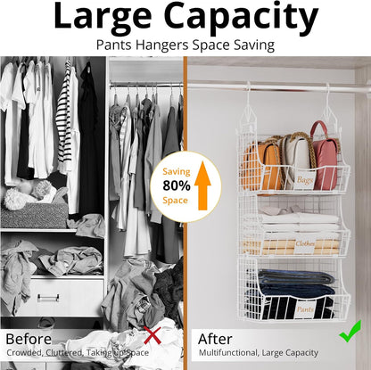 Hanging Closet Organizers and Storage, 3 Tier Closet Shelf Clothes Organizer with 2 S-Hooks, Multi-Functional Iron Wire Baskets, for Clothing, Sweaters, Handbags, Hat, Canned