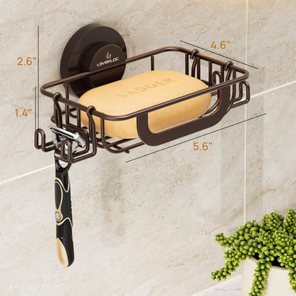 LEVERLOC Bar Soap Holder for Shower with Hooks, Suction Cup Soap Dish Rustproof Stainless Steel for Bathroom Accessories, Sponge Saver Black