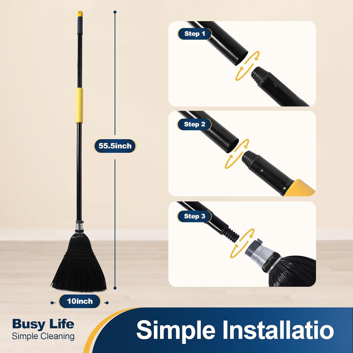 Yocada Broom Commercial Indoor Outdoor Broom 55.5 inch Tall Black | for Courtyard Garage Lobby Mall Market Floor Home Office Leaves Stone Dust Rubbish