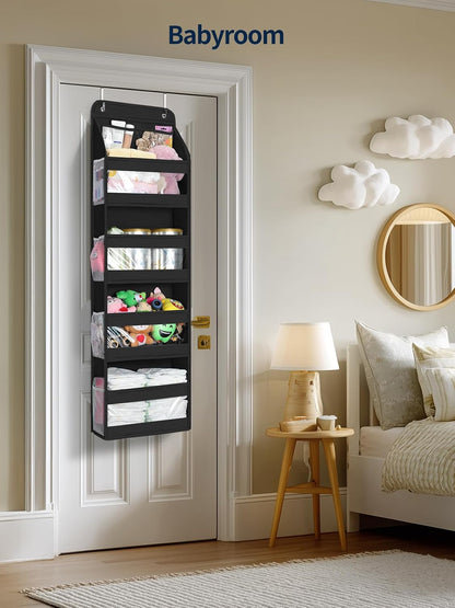 Yecaye 5 Tier Over the Door Organizer, Swing-proof Door Organizer Hanging with Clear PVC Windows, Behind the Door Storage for Bedroom Nursery Closet Laundry Pantry Bathroom, Grey