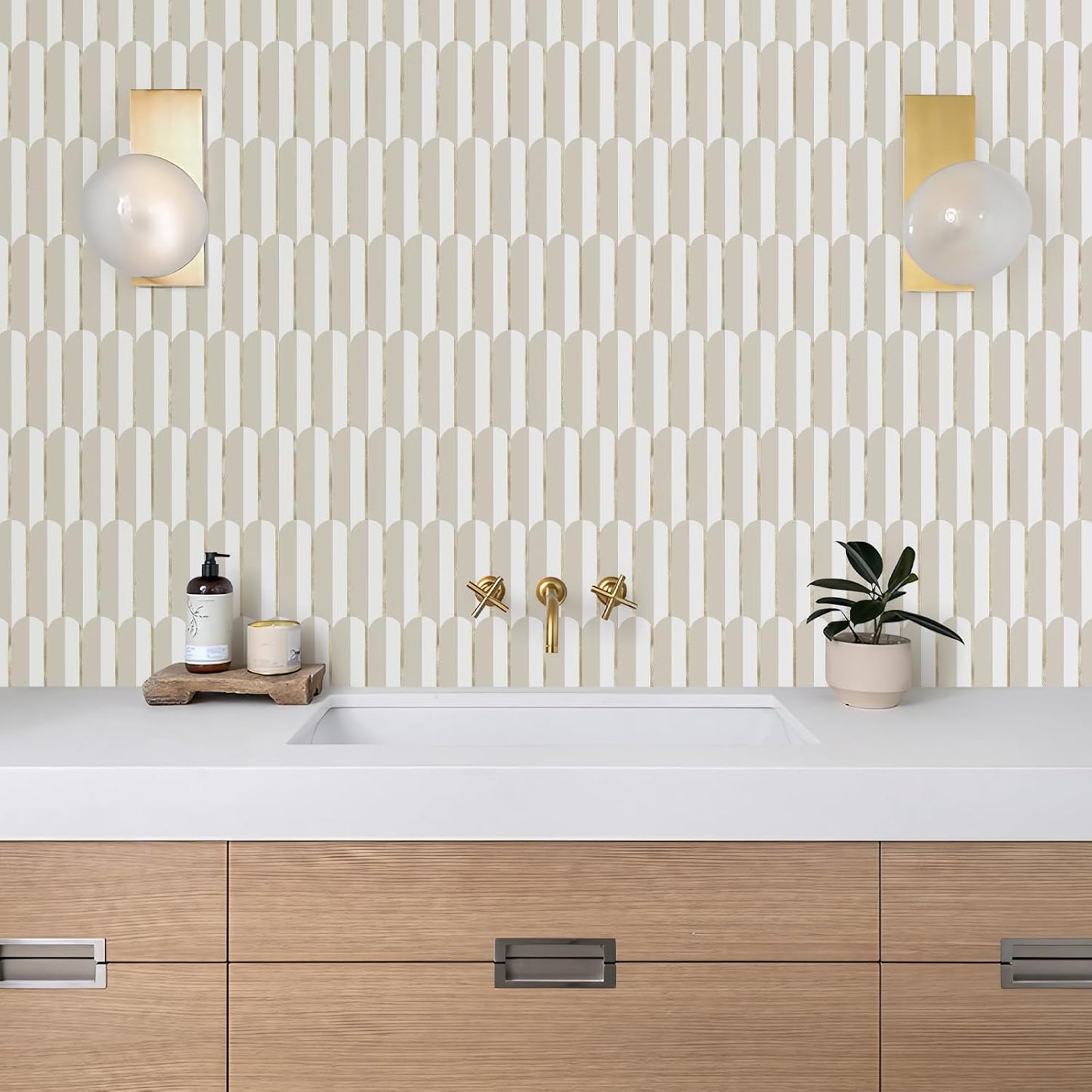 Vamos Peel and Stick Backsplash Seamless Tile for Kitchen and Bathroom,White and Beige Slate PVC Mixed Light Gold Self Adhesive Fish Scale Metal Mosaic Tiles (10 Sheets)