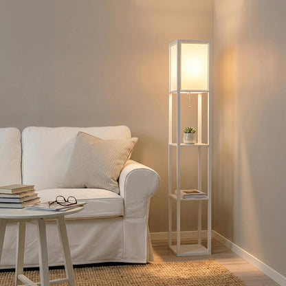 Brightech Maxwell - Modern Shelf Floor Lamp with Lamp Shade & Warm White LED Bulb, Corner Display Floor Lamp with Shelves for Living Room, Bedroom, Nightstand Office, Home Decor Storage - Natural Wood