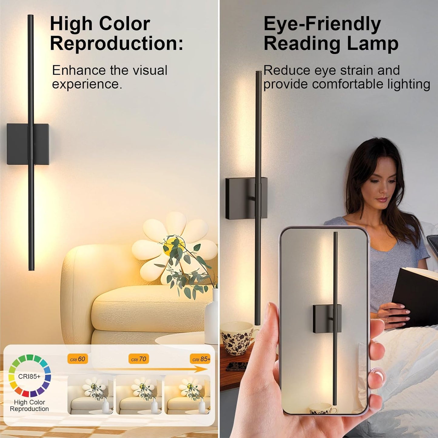 Tartek Battery Operated Wall Sconces Set of Two, Rechargeable Wall Lights with Remote Control, Dimmable 3000K-6000K LED Wall Lamp, 360°Rotate, Long Wireless Sconces for Living Room, Bedroom