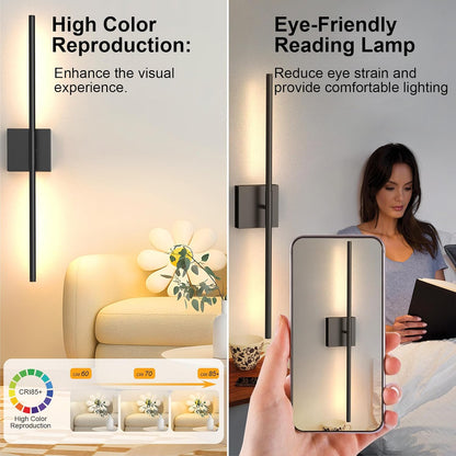 Tartek Battery Operated Wall Sconces Set of Two, Rechargeable Wall Lights with Remote Control, Dimmable 3000K-6000K LED Wall Lamp, 360°Rotate, Long Wireless Sconces for Living Room, Bedroom