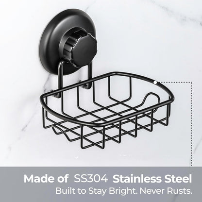 HASKO Suction Cup Soap Dish for Shower Wall, Rustproof Stainless Steel Shower Soap Holder for Bathroom with Hooks and Soap Saver, Includes Optional No Drill Adhesive Mount, Silver