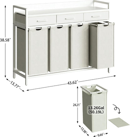 Herture Laundry Sorter 3 Section Laundry Hamper with Shelf, Durable 3 Section Laundry Basket with Rolling Wheels & Storage Drawers, 3 x 13.26 Gallons (50L), White PF09XLW