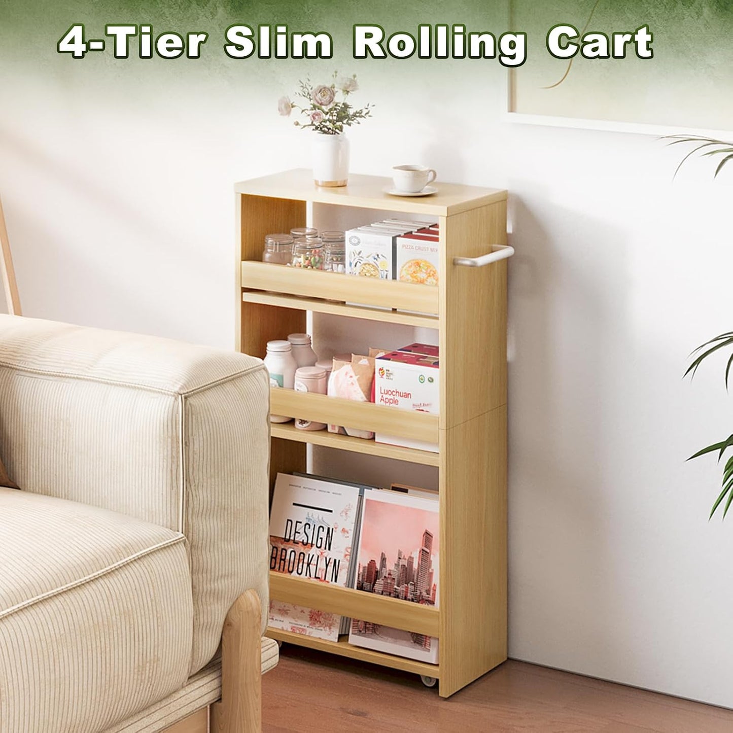 MARTY Slim Rolling Storage Cart 4-Tier Kitchen Cart with Wheels, Laundry Room Storage with Handle Slide Out Utility Cart Shelving Unit Organizer Trolley for Narrow Places Bathroom Small Corner, Black