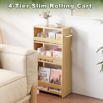 MARTY Slim Rolling Storage Cart 4-Tier Kitchen Cart with Wheels, Laundry Room Storage with Handle Slide Out Utility Cart Shelving Unit Organizer Trolley for Narrow Places Bathroom Small Corner, Black