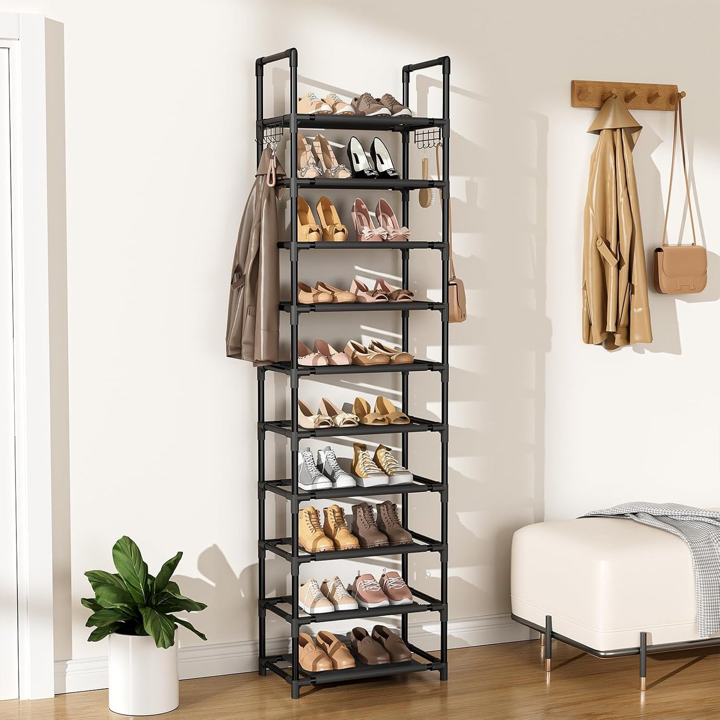 LANTEFUL 10 Tiers Shoe Rack 50 Pairs Large Capacity Tall Shoe Organizer Sturdy Shoe Storage with Two Hooks Space Saving Metal Wide Shoe Rack for Closet, Entryway, Bedroom, Black