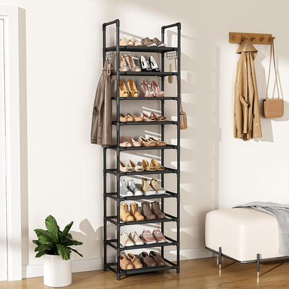 LANTEFUL 10 Tiers Shoe Rack 50 Pairs Large Capacity Tall Shoe Organizer Sturdy Shoe Storage with Two Hooks Space Saving Metal Wide Shoe Rack for Closet, Entryway, Bedroom, Black