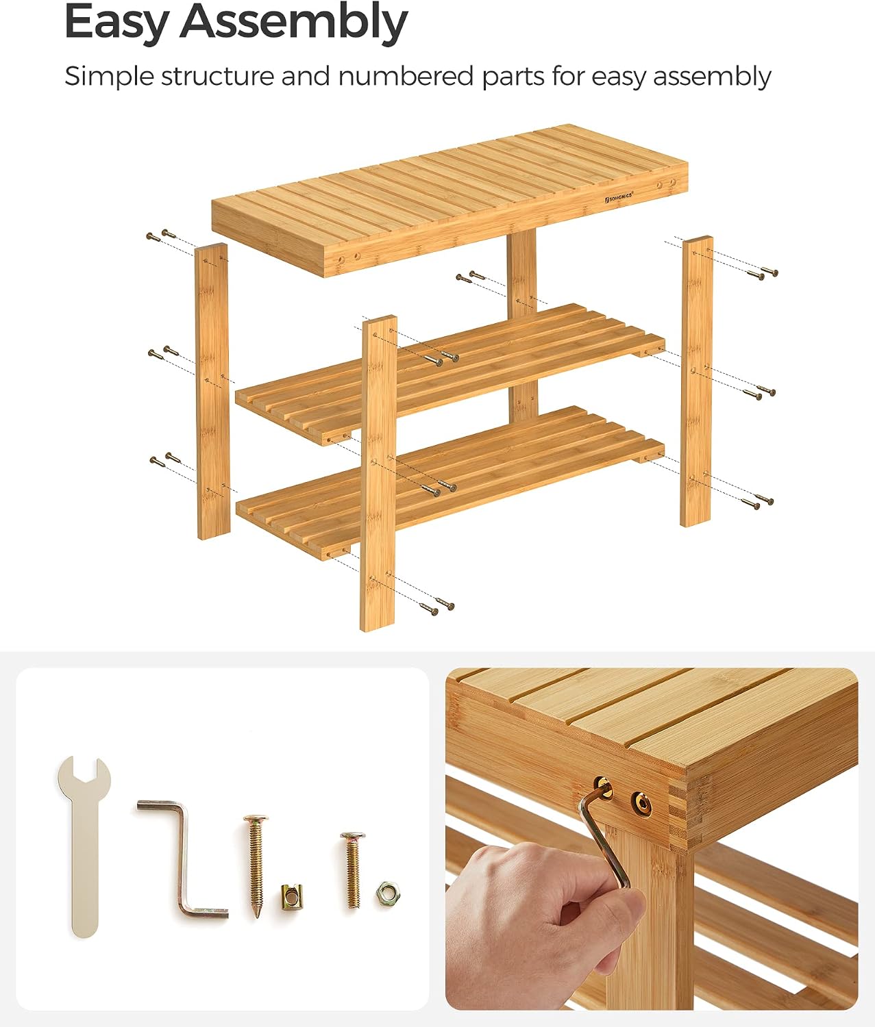 SONGMICS Shoe Rack Bench, 3-Tier Bamboo Shoe Storage Organizer, Entryway Bench, Holds Up to 286 lb, 11.3 x 27.6 x 17.8 Inches, for Entryway Bathroom Bedroom, Ink Black ULBS04H